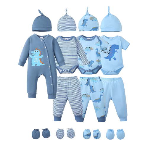 KIMI BEAR Newborn Baby Boys Layette Set Shower Gift 4-Packs Pant Sets Romper Set Short Sleeves Long Sleeves Romper Dinosaur Print Clothes with Hats and Gloves 15pcs Clothes Blue NB