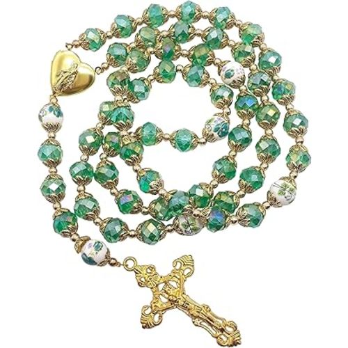 Nazareth Store Catholic Green Crystal Beads 10mm Gold Rosary Flowers Beaded Necklace Miraculous Heart Locket Medal & Cross Religious Women Men Amulet 21" in Velvet Bag