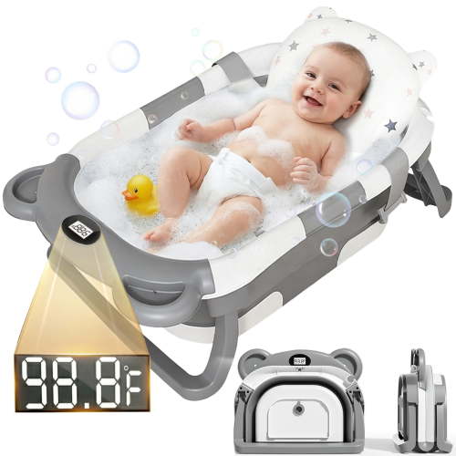 EZBY Collapsible Baby Bathtub with Temperature Sensor,Double Foldable Infant to Toddler Bath Tub,Non-Slip & Space-Saving Design, 0-3 Years
