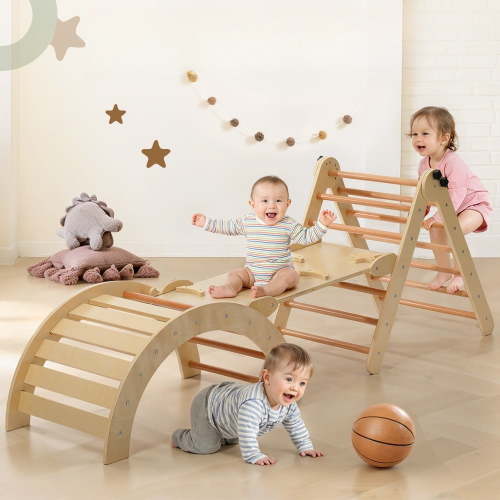 Pikler Triangle Set, Caveen Foldable Wooden Climbing Toys, Montessori Climbing Set, with Arch, Ramp and Ladder, Indoor Jungle Gym for Toddlers 0.5-6 Years Old