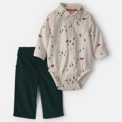 Baby Boy 2-Piece Christmas Twill Long-Sleeve Top & Pant Set - Cream/Green | Carter’s Oshkosh Canada