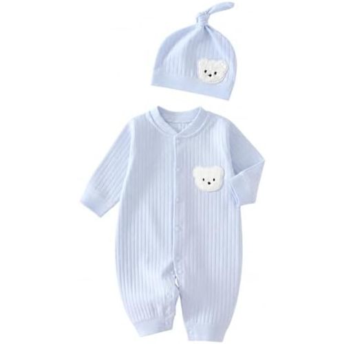 Baby Boys Girls Clothes with Hat, 100% Cotton Long Sleeve Ribbed Knit Button Infant Baby Romper Outfit