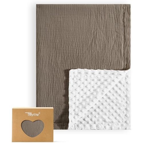 TILLYOU Muslin Baby Blanket Neutral Cotton Swaddles for Newborns, Double Layer Soft Plush Minky Blanket with Dotted Backing 30"x40", Grey Brown