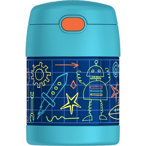 THERMOS FUNTAINER Kids Food Jar with Spoon, 10oz, Robot Doodles