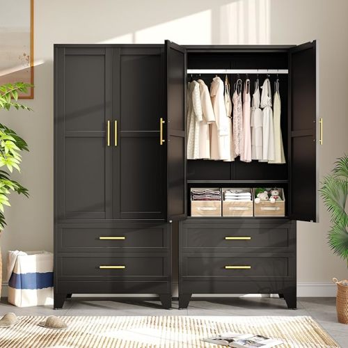 Metal Armoire Wardrobe Closet Storage Cabinet with Hanging Rod,71'' Metal Wardrobe Cabinet with 2 Drawers and Adjustable Shelf,2 Doors for Bedroom, Laundry Room, Cloak Room