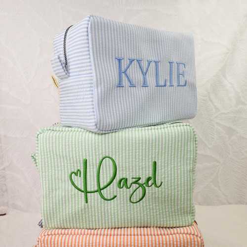 Custom Embroidered Travel Toiletry Bag, Candy Color Organizer, Striped Seersucker Cosmetic Pouch, Personalized Bridesmaid Gift for Her, Mom
