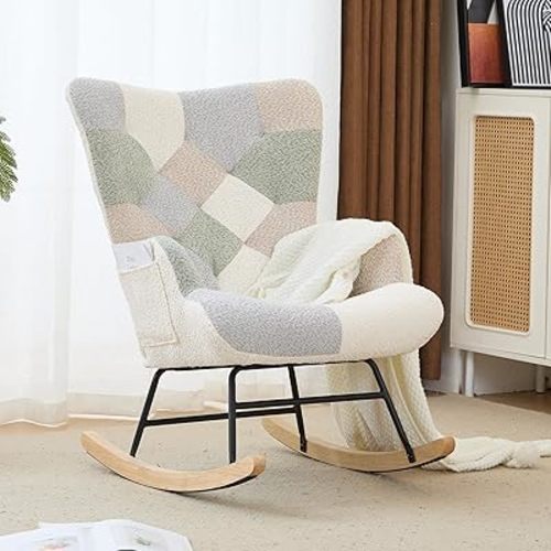 Nursery Rocking Chair Teddy Upholstered Glider Rocker Rocking Accent Chair with High Backrest Armchair Comfy Side Chair for Living Room, Bedroom, Offices (Spliced Green)