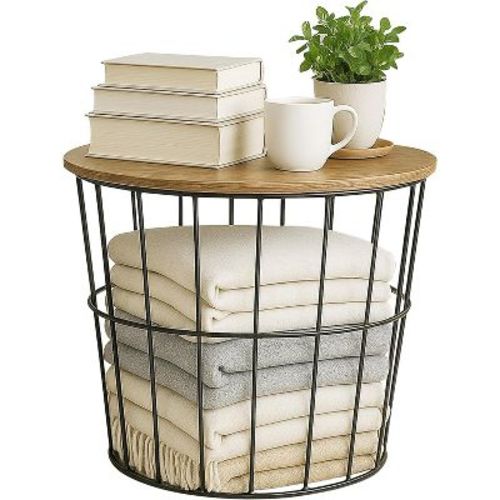 IRIS USA Round Wire Basket with Wooden Lid, 2 Pack, Potato Onion Vegetable Storage, Nestable Storage Bins, Water Resistant Surface