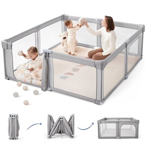 Sweeby Baby Playpen, 59x59 Inch Gate Foldable for Babies and Toddlers, Extra Large with Door Play Yard for Fence Indoor and Outdoor, Light Khaki