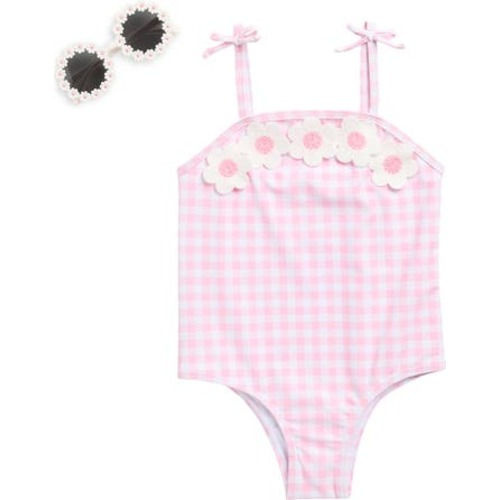 Gingham One-Piece Swimsuit & Floral Sunglasses Set