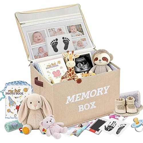 Memory Box for Keepsakes, Large Baby Keepsake Box Decorative Baby Memory Box for Baby Shower Anniversary, Wedding, Valentines Day, Birthday Gift (1, Beige)
