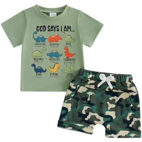 PUHHAPIEY Baby Boy Clothes Toddler Summer Outfit God Says I Am Dinosaur Short Sleeve Christian Tee Shirts Camouflage Shorts