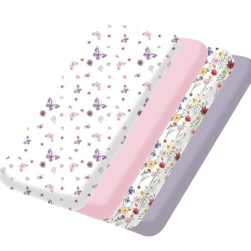 Bimocosy Pack and Play Sheets Fitted 4 Pack, 38 x 26 Inch Pack n Play Mini Crib Sheets for Boys and Girls, Soft Stretchy Playard Mattress Sheets for Graco Pack n Play, Butterfly Meadow