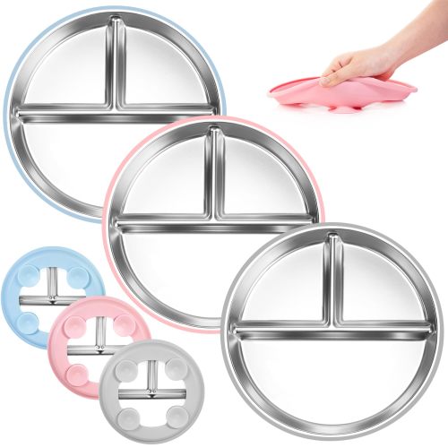 Stainless Steel Toddler Plates Silicone Suction,3 Packs Non-Slip Baby Plates,Divided Portion,Food-Grade Silicone Plate for Kids,LEAD-FREE Dishwasher Safe,Grey Mint Green Pink