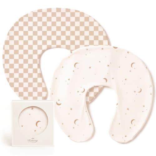 Konssy 2 Pack Nursing Pillow Covers, Soft Stretchy Cover for Breastfeeding | Covers Only, Milk Silk Fabric, Breathable & Machine Washable, Slipcovers for Newborn Baby Boy Girl, (Moon,coffee Check)
