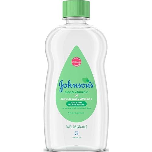 Johnson's Baby Oil, Aloe Vera & Vitamin E, 14 fl oz | Mineral Oil with Aloe Vera & Vitamin E helps to Prevent Moisture Loss, Soothing, Moisturizing Baby Massage Oil