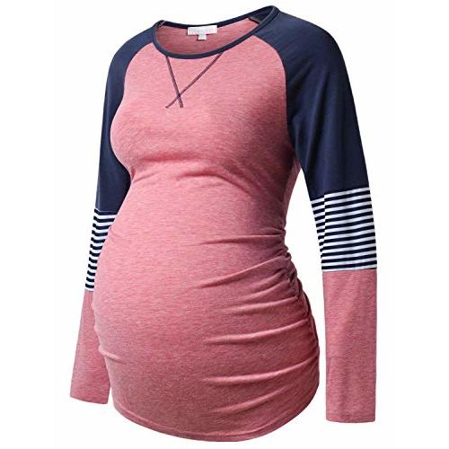 Bhome Long Sleeve Maternity T-Shirt Colorblock Baseball Tee Casual Pregnancy Tunic Top
