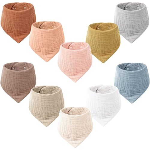 Konssy Muslin Baby Bibs 10 Pack Baby Bandana Drool Bibs 100% Cotton for Unisex Boys Girls, 10 Solid Colors Set for Teething and Drooling