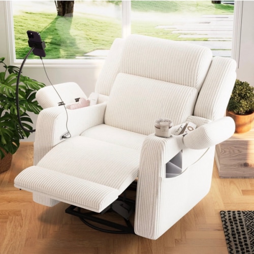 Beige Corduroy Power Recliner Chair with Heat and Massage, 270° Swivel Rocker, USB Ports, Phone Holder and Cup Holder LHC209AAA
