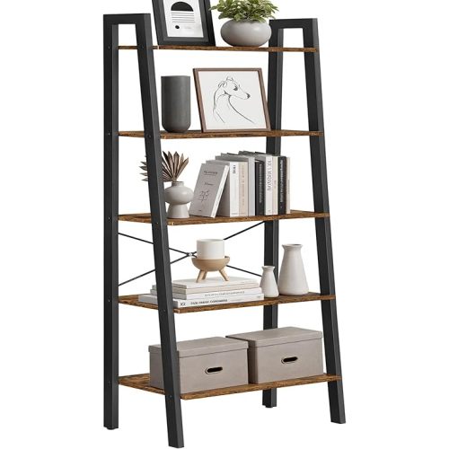 VASAGLE Ladder Shelf, 5-Tier Bookshelf, Storage Rack, Bookcase with Steel Frame, for Living Room, Home Office, Kitchen, Bedroom, Industrial Style, Rustic Brown and Ink Black ULLS45X