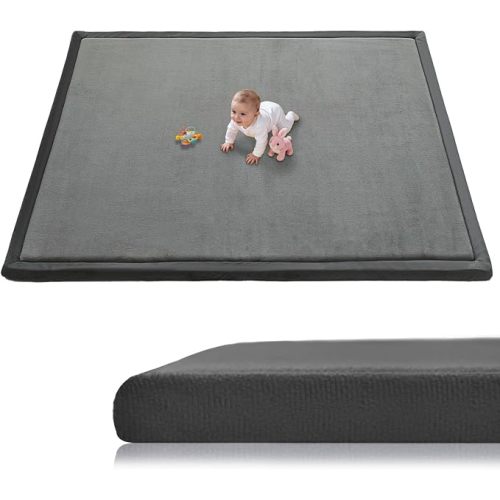 Baby Play Mat for Floor, 1.3 Inch Thick Memory Foam Tummy Time Mat with Non Slip Backing, Soft Coral Velvet 71X79 Inch Playpen Mat Crawling Tatami for Infants Toddlers Kids, Dark Gray