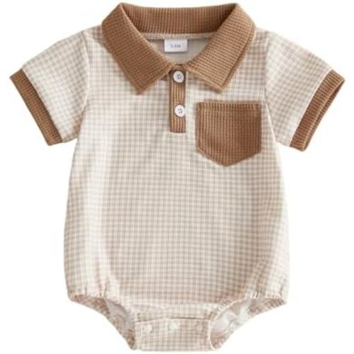Newborn Baby Boy Summer Clothes Waffle Short Sleeve Lapel Button Romper Up Loose Fit Plaid Jumpsuit Baby Boy Outfit