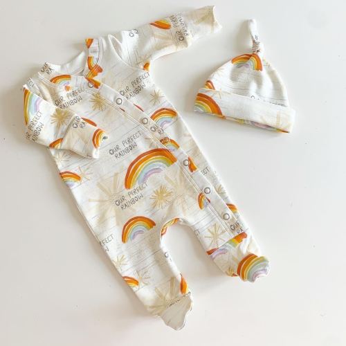 rainbow baby sleepsuit, rainbow print romper, first baby outfit, unisex babywear, footie, colourful romper, footed romper, scratch mitts,