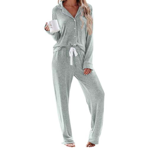 UVN Womens Pajama Sets Long Sleeve Top and Long Pants Soft Pjs Sleepwear Ladies Button Down Lounge Set