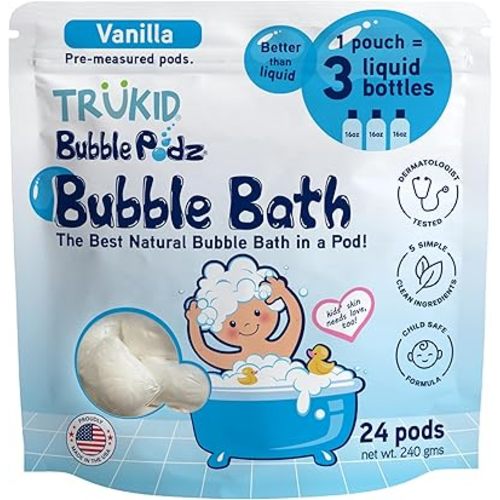 TruKid Bubble Podz Bubble Bath for Kids, Toddlers, & Babies, Tear Free Gentle & Refreshing Bath Bomb for Sensitive Skin with Natural Moisturizers, Non-Toxic, pH Balanced, Vanilla Scent (24 Podz)