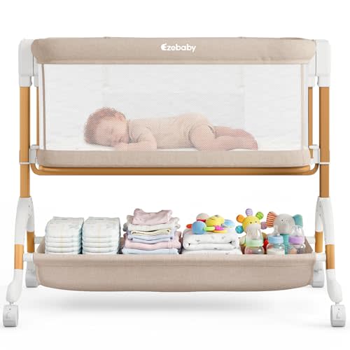 Ezebaby 3 in 1 Baby Bassinet Bedside Sleeper, Rocking Bassinet for Baby with Comfy Mattress & Breathable Full Mesh Sides, 7 Height Adjustable | Portable Crib for Newborns