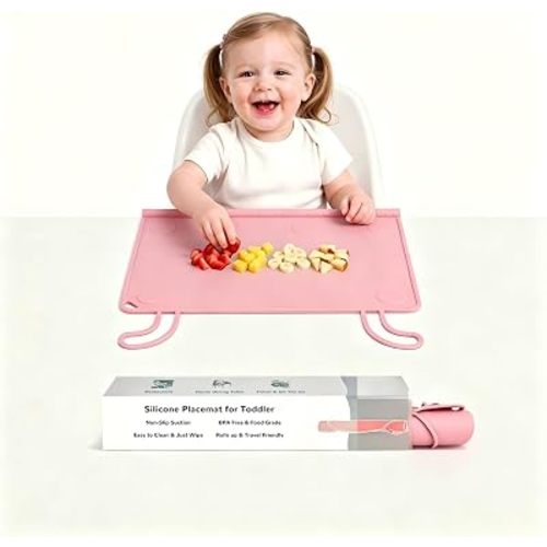 Silicone Placemat for Babygirls Eating-Out: 3-Second Wipe Clean & 5-Second Roll to Go - Pink Table Mat for Restaurant/Travel/On-The-Go