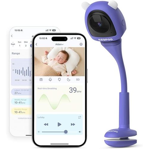 Baby Camera Monitor for AI Solution for Breathing Tracker, 2K HD Baby Monitor with Camera with Audio Video, Night Vision, Smartphone App, 2-Way Audio, Soothing Sound, No Monthly Fee Crib Mount