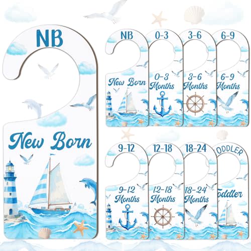 Baby Closet Dividers 8PCS, Nautical Themed Wooden Double-Sided Clothes Size Hanger/Organizer from Newborn to Toddler for Nursery Decor Baby Shower Birthday Gender Reveal Party Gift