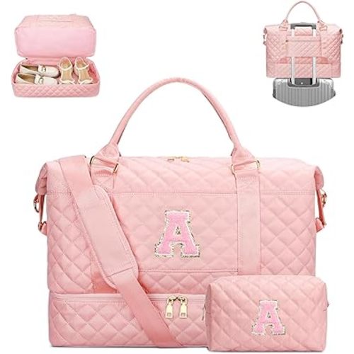 Gifts for Women Initial Travel Duffle Bag Quilted Weekender Carry-On Overnight with Cosmetic Bag, Gym Bag with Shoe Compartment Hospital Bag for Labor Delivery, Pink A
