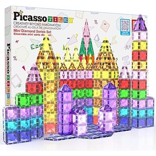 PicassoTiles 80pc Mini Travel Size Magnetic Tiles Building Blocks Construction Build STEM Learning On The Go Vacation Toy Set Birthday Gifting Classroom Magnet Tile Kit Educational Ages 3 and up PTM80