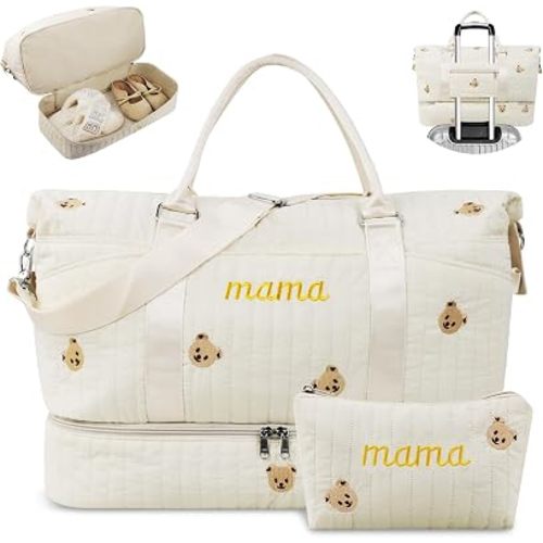 Mama Maternity Hospital Bag Essentials for Women Labor Delivery Baby Diaper Organizer with Shoe Compartment & Toiletry Pouch Travel Duffle Bag for Pregnancy Mommy Weekender Overnight Gifts,Beige Bear