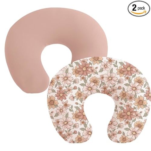 Konssy 2 Pack Nursing Pillow Covers, Stretchy and Soft Nursing Cover for Breastfeeding, Pillow Slipcover for Baby Girls Boys Newborn (Pink, Vintage Petals)