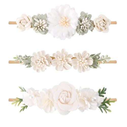 cherrboll 3pcs Baby Girl Flower Headbands, Super Soft & Stretchy Nylon Floral Hairbands for Newborn Toddler