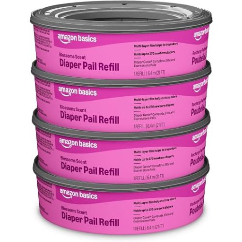 Amazon Brand - Mama Bear Blossoms Scented Diaper Pail Refills for Diaper Genie Pails, Odor Control, 1080 Count (4 Packs of 270 Count), Compatible with Diaper Genie Complete, Elite & Expressions Pails