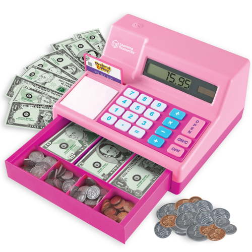 Learning Resources Pretend & Play Cash Register, Calculator, Play Money, 73 Pcs, Pink, Ages 3+