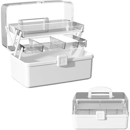 Large Capacity 3-Layer Storage Box with Handle, Cantilever Portable Tackle Box & Craft Case Organizer, Folding Plastic Medicine Box for Sewing Supplies, Makeup, Nail, Hair Accessories (White)