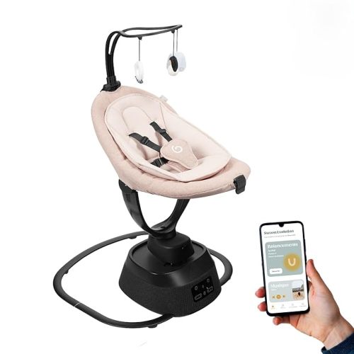 Babymoov Swoon Evolution Connect Smart Baby Swing, App-Controlled Electric Baby Bouncer with Multiple Motions, Speeds, Music, Timer & Remote Control, Mocca