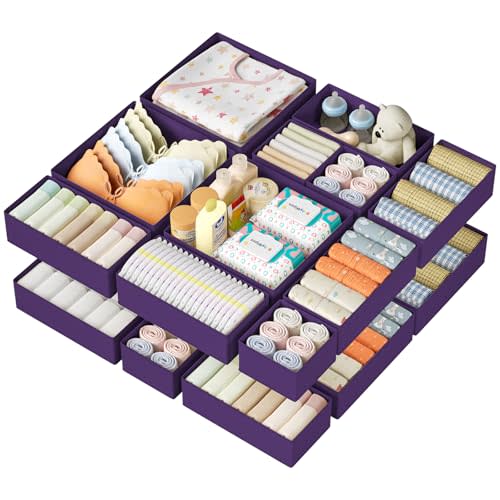 DIMJ Drawer Organizer Clothes 15 Pack - Foldable Baby Organizers and Storage & Dresser Organizer for Bedroom, Closet - Nursery Organization Dresser Dividers for underwear, Sock,Bra, Belt, Tie, Purple