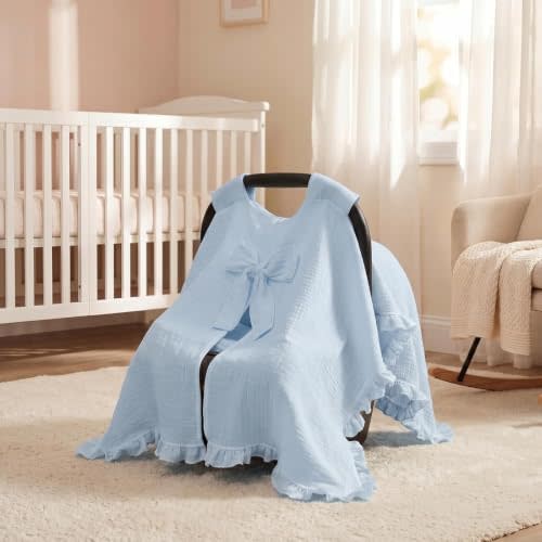 Tegeme Baby Car Seat Cover Canopy with Bow for Boys Girls, Blue | 100% Cotton Baby Carseat Canopy Cover 32x44 Inches Breathable, Nursing Shield with Stroller Cart Newborn Girls Boys