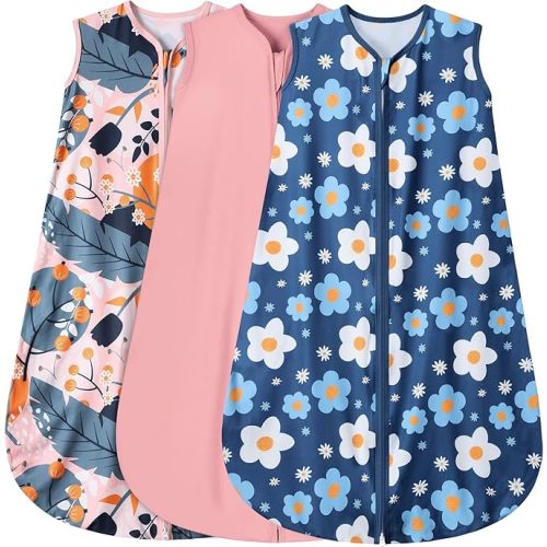 3 Pack Baby Sleep Sack 100% Rayon Cotton Baby Sleeping Bag 2-Way Zipper Toddler Wearable Blankets TOG 0.3. (Gerbera&Tulips&Pink, 0-6 Months)