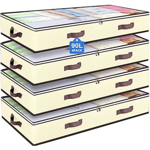90L Under Bed Storage Containers, Closet Organizers and Storage Bins, Foldable Underbed Storage Bags for Blankets, Towels, Comforter, Sweaters, Pillows, Linen Sheets, Wrapping Paper, 4 Pack Beige