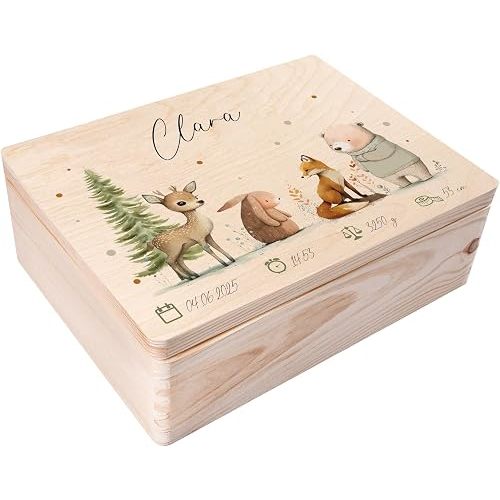 Creative Deco Personalized Wooden Storage Box Baby Memory Box | 15.8x11.8x5.5in (+-0.5) | Animals | Hinged Lid Engraving | Gift Box | Rough UNSANDED Keepsake Souvenir Chest