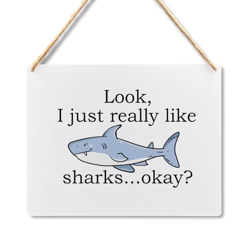 Absnfatu I Just Really Like Sharks Hanging Wood Sign Plaque - Shark Wall Decor, Shark Room Decor, Shark Decor for Boys Room, Shark Gifts for Shark Lovers, 10x8
