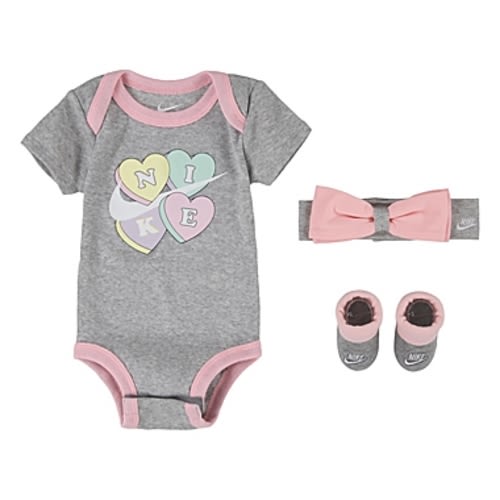 Nike® Size 0-6M 3-Piece Valentine's Day Bodysuit, Bib, and Headwrap Set in Grey