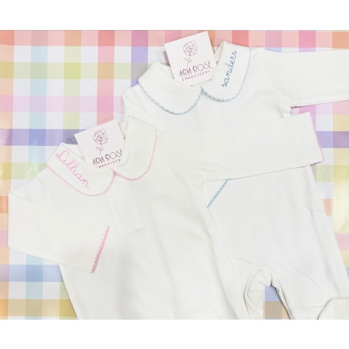 Boutique Style Solid Color Baby Footies with eyelet trim for newborn boys and girls